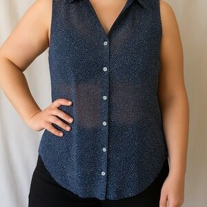 H&M Womens Size 14 Sheer Y2K Top Blue White Button Front Curved Hem Sleeveless